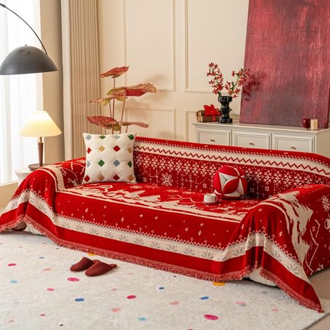 Wendbare, rutschfeste Sofadecke mit Weihnachtsmotiv und roten Fransen, 180 x 340 cm
