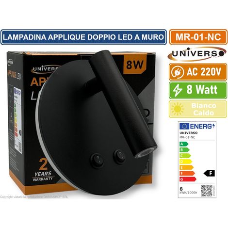 UNIVERSO MR-01-NC LAMPADA APPLIQUE LED DA PARETE DOPPIA SORGENTE LUMINOSA CRIENTABILE CON INTERRUTTORI COLORE NERO LUCE CALDA 3000K (1/5)