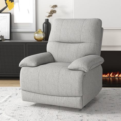Poltrona relax reclinabile manualmente con poggiapiedi regolabile, in tessuto effetto lino grigio chiaro.