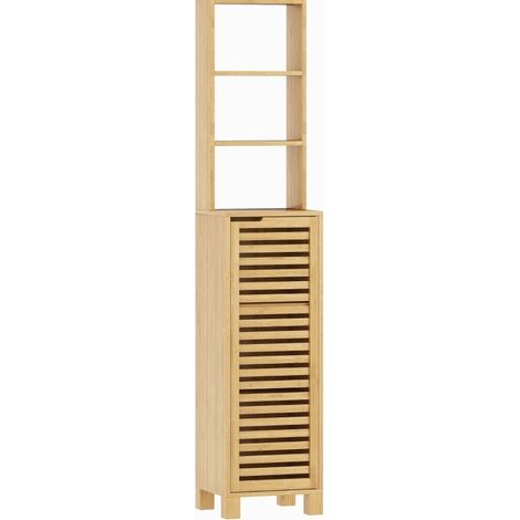 Armadio bagno stretto in bambù 34 x 30 x 170 cm con 3 ripiani aperti e anta a lamelle (1/5)