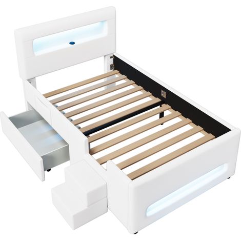 Letto piattaforma imbottito 90 x 200 cm con scala, cassetto e luci LED, bianco (1/5)