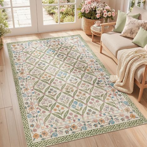 Tapis Salon Chambre Enfant Vintage 140x200 cm Coloré Fleur Vert (1/5)