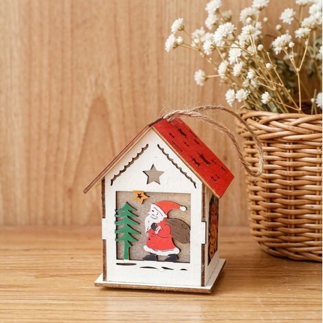 Maisonnette lumineuse Père‑Noël et cloches, ornement suspendu en bois LED pour sapin (1/3)