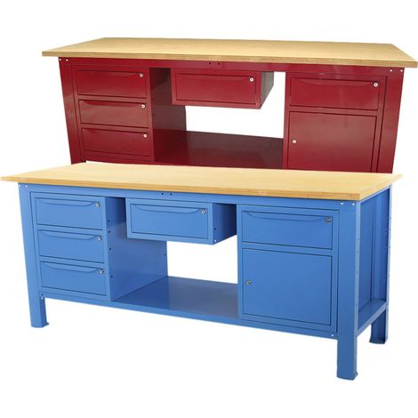 Banco lavoro SOGI 2m piano legno + cassetto + armadio a 3 cass + armadio anta cassetto - blu/rosso, ColoreRosso (1/5)