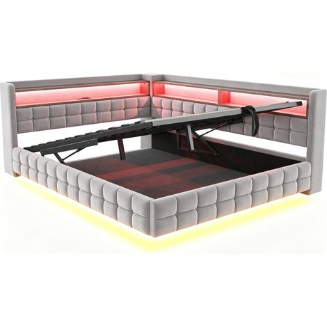 Canapé-Lit 140×200 cm en Velours Gris Clair avec Rangement Hydraulique, Étagères en Bois, Éclairage LED et Ports USB/Type-C sans Matelas (1/5)