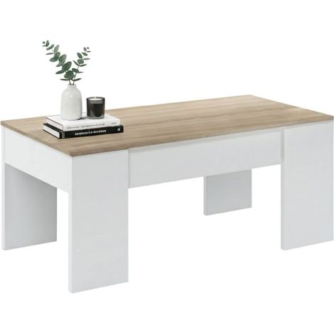 Dmora – Table basse relevable 100x50cm – Blanc et chêne – Panneau mélaminé résistant – Charnières métalliques haute résistance – Espace de rangement intégré - 100x50h45