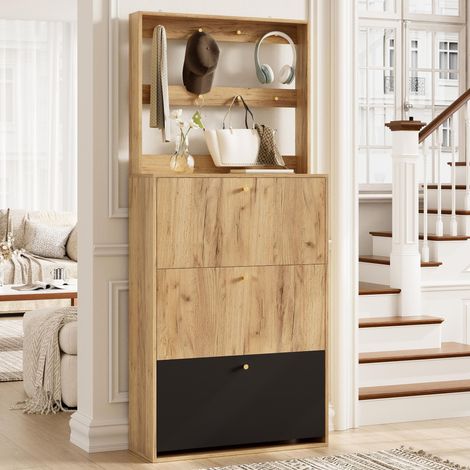 Schuhschrank mit Garderobenständer und 3 Kippfächern – platzsparendes Flurmöbel 75 x 24 x 180 cm, Holz und Schwarz im modernen Stil