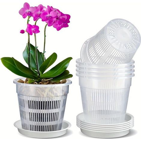 KLVGTIFS PU - 5 Pot de contrôle des racines respirant pour jardinage, pot à orchidées en plastique transparent 11 cm (plateau inclus) (1/3)