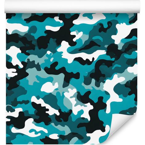 Carta da parati mimetica militare turchese e bianca per soggiorno e camera da letto, 50x1000 cm. (1/5)