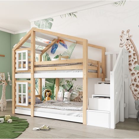 Letto a Castello 90x200 cm con Struttura con Contenitori Naturale e Bianco (1/5)