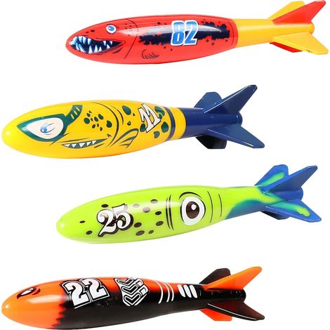 4 Piece Diving Toy, Pool Game, Diving Torpedoes Water Game for Bath, Pool, Beach, Party, Water Activity, Gift Bag, Summer Games and Marine Theme Decoration, Summer, Garden, Holiday (1/2)