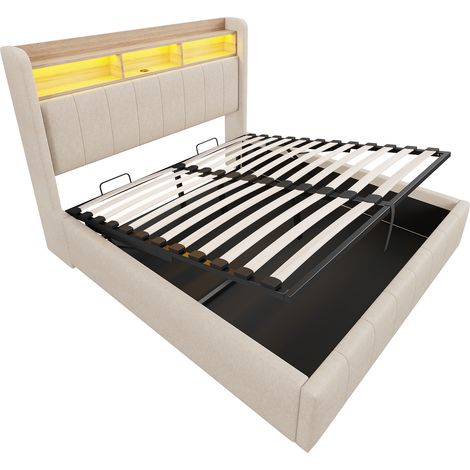CAIziLit rembourré 140x200 LED USB, tête étagères, coffre hydraulique beige (1/5)
