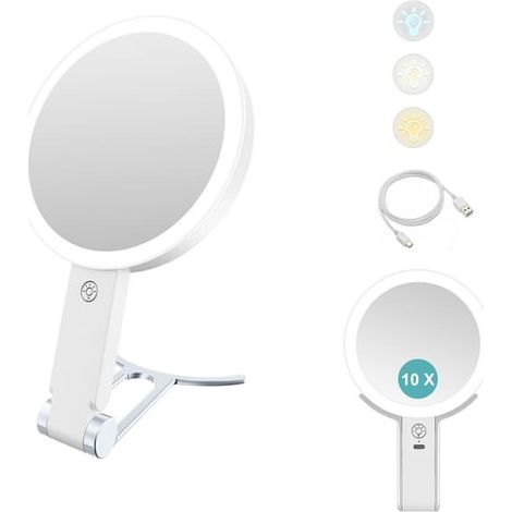 Miroir de maquillage double face Lollanda avec lumière LED – Miroir grossissant et éclairage réglable pour le maquillage et les soins de la peau 10X/1X (1/5)