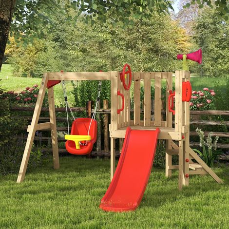 Parque Infantil Exterior de Madera con Columpio Tobogán Volante Bocina Teléfono para Patio Césped Rojo y Natural