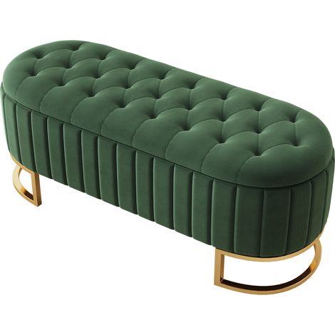 Banco de almacenaje tapizado de terciopelo verde 120 x 39,9 x 43 cm con patas metálicas HOMVRA (1/5)