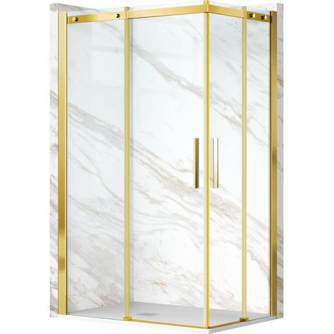Cabine de douche 100x100 cm coulissante en 6mm verre trempé anticalcaire, profils dorés (1/5)