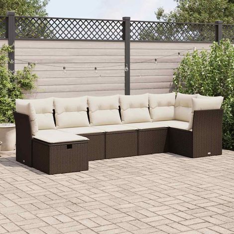 Salon de Jardin 7 Places en Résine Tressée Marron avec Coussins Crème - Ensemble Modulaire avec 3 Sièges d'Angle, 3 Sièges Centraux, Pouf et Rangement (1/5)