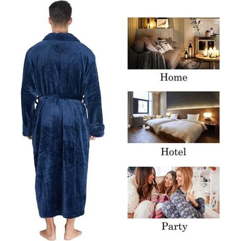 peignoir de bain,peignoir femme,peignoir long en flanelle,Avec ceinture réglable,Pour Vêtements de détente et de nuit(XL)bleu (1/4)