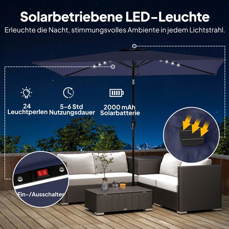 Parasol LED solaire orientable bleu marine 300x200 cm avec manivelle, protection UV, inclinable pour balcon, housse incluse (1/4)