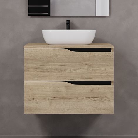 Meuble de salle de bain 80cm avec plateau et vasque à poser zeus - 2 tiroirs - sans miroir - madera miel (chêne clair) - LUNA (1/5)