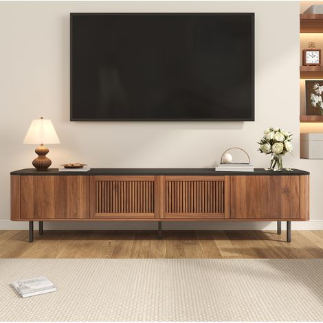 Meuble TV 190x35x45 cm couleur noyer en MDF et panneaux de particules avec portes à grille et grand rangement (1/5)