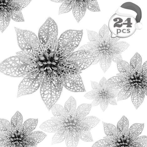 Fiori di Natale, 24 fiori di Natale scintillanti, fiore di Natale cavo e scintillante, stella di Natale artificiale, decorazione per albero di Natale, matrimonio, festa, Natale (argento) (1/4)