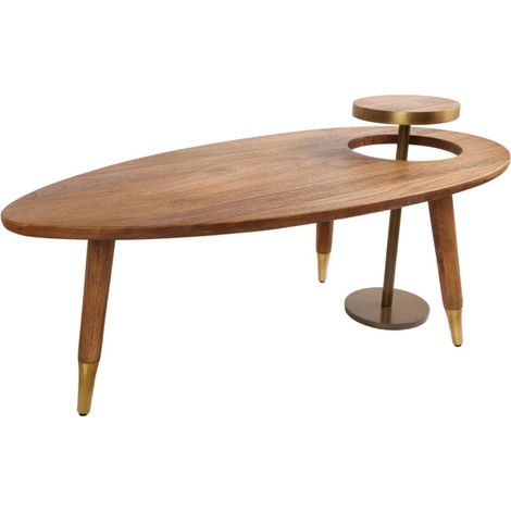 Mesa baja asimétrica ORION 110 cm en madera de mango macizo barnizado con mesa auxiliar integrada (1/5)