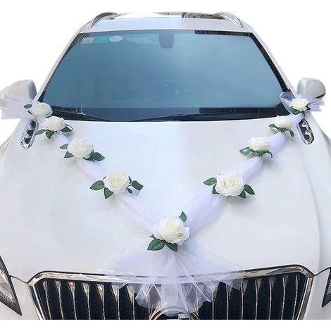 Nœud décoratif pour voiture de mariage avec fleurs artificielles blanches (1/5)