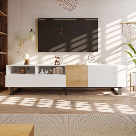 Mueble TV Moderno, Blanco Y Efecto Madera, 180 X 50 X 38 Cm, Diseño Minimalista (1/5)
