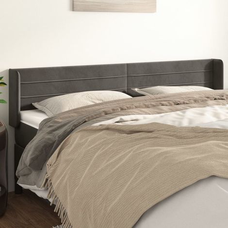 Tête lit de avec oreilles pour lit double, Cadre de lit, Tableau décoratif de chevet Gris foncé 203x16x78/88 cm Velours CDE48454 (1/5)