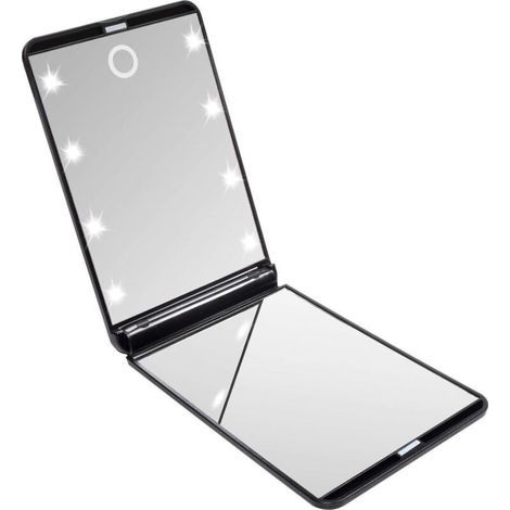Specchietto tascabile pieghevole, specchio per il trucco illuminato, specchio portatile, ingrandimento 1x/2x, per rasatura, campeggio e trucco (nero) (1/5)