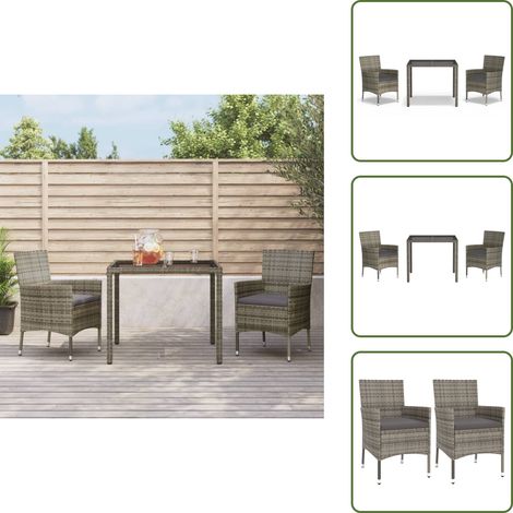 3-tlg. Garten-Essgruppe mit Kissen Grau Poly Rattan - Gartensessel - Gartentisch - Outdoor Möbel - Gartenmöbelset - Polyrattan Gartenmöbel
