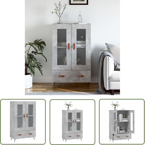 The Living Store Buffet haut gris béton 69,5x31x115 cm bois d'ingénierie - Buffet Design Moderne - Meuble Rangement - Armoire Ouverte - Vitrine Murale - Commode (1/5)