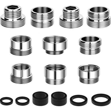 10 Pièces Adaptateur Robinet Kit, Adaptateurs de Robine Double Filetage en Métal Argenté avec Joint en Caoutchouc, pour Évier de Cuisine, Tuyau D'arrosage et Filtre à Eau (1/5)