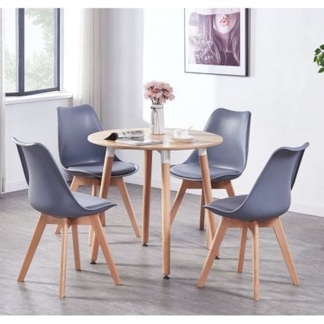 Ensemble de salle à manger rond Halo Lorenzo - une table à manger en bois de chêne et un ensemble de 4 chaises de salle à manger en polypropylène gris - Salle à manger et cuisine