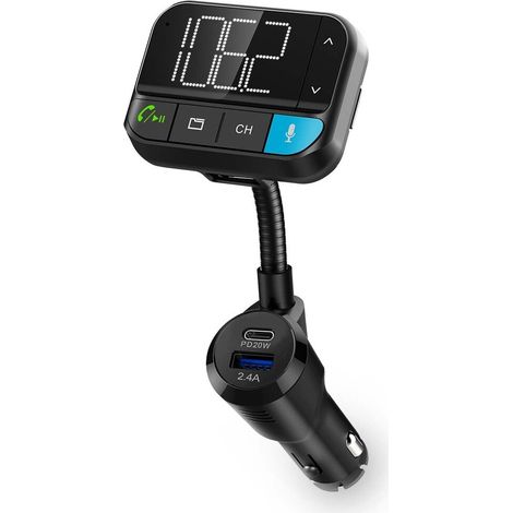Nedis Kfz Audio FM Transmitter / Schwanenhals / Freisprechfunktion / 2.00  / Scharz-weiß Monitor / Bluetooth® / PD 20 W / QC 3.0 / Schnellladung / Bass Boost / Google Assistant / Siri / Schwarz