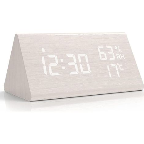 Réveil Numérique en Bois, Horloge Digitale avec Snooze/Date/Température et Humidité- Blanc (1/5)