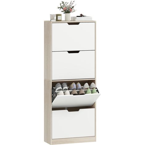 Optimiser Petit Espace : Meuble à Chaussures Gain de Place Blanc et Bois, Rangement Slim 4 Tiroirs pour 20 Paires 62,5x26x156cm (1/5)