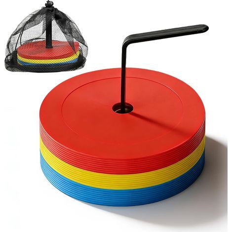 Lot de 24 disques de marquage antidérapants, marqueur de terrain de jeu, marqueur d'entraînement avec support et sac en filet, idéal pour le hockey, le patinage, le football, le handball (1/5)