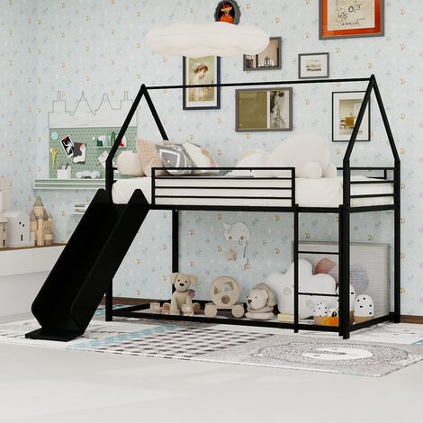 Lit superposé enfant 90×190 cm – Lit enfant – toboggan –  maison – escalier – Sommier à lattes – métal noir (1/5)