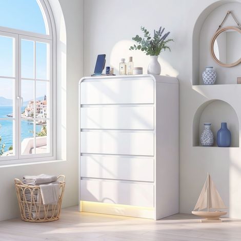Commode 5 Tiroirs Blanche avec Éclairage LED Réglable, Meuble de Rangement Moderne pour Chambre Salon Couloir, 73x40x110 cm