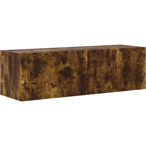 Mueble TV mural moderno con estantes y puertas pivotantes 98 x 31 x 29,5 cm de madera contrachapada roble ahumado 020054927 (1/5)