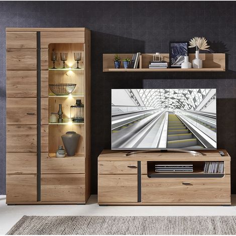 Media Anbauwand mit Esche Massivholzfronten und Beleuchtung STAVEN-36 mit Absetzungen in schwarz matt, B/H/T ca. 255/203/42 cm (1/5)