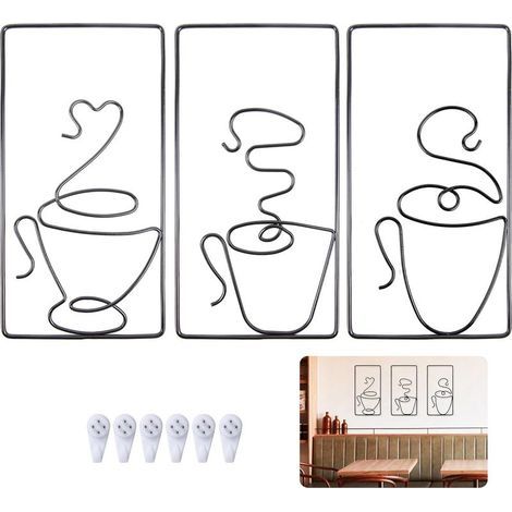 Décoration Murale en Métal, Cadres Decoratif Murales Fer Tasse à Café Art Minimaliste Muraux pour Cafe Cuisine Salon de Thé Restaurant Pub Deco, 3Pcs Noir, 24 x 12 cm (1/5)
