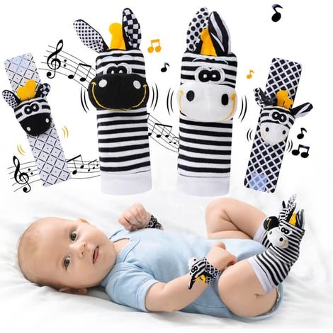 Ensemble de jouets pour bébé à contraste élevé (0-12 mois) : chaussettes hochet et hochets de poignet, motif âne noir et blanc. (1/5)