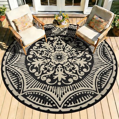 Tapis rond pour extérieur Ø 150 cm tapis de balcon en plastique léger pour pique-nique camping jardin couleur noir (1/5)