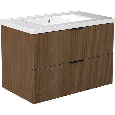 AICA Ensemble de meubles de salle de bain 80 cm Noyer avec 2 tiroirs + vasque Céramique