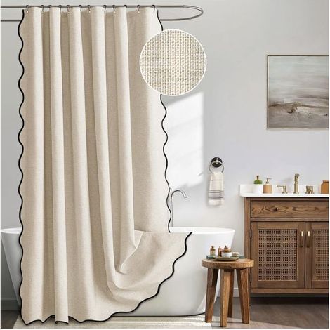 (18090cm) Tout nouveau rideau de douche à bords ondulés en imitation lin rideau imperméable rideau de séparation de toilette (1/5)