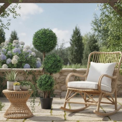 Plante artificielle topiaire buis 3 boules avec tronc effet bois en pot, 100 cm, vert (1/5)