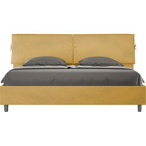 Letto Matrimoniale King Size 180x200 cm con Rete e Contenitore Testata con Cuscini Imbottito in Microfibra Mados Ocra (1/5)